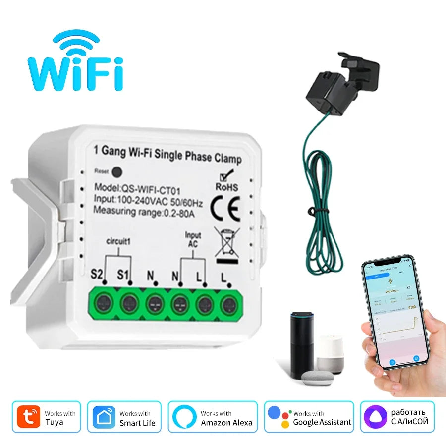 Tuya Smart WiFi Energy Meter Current Transformer Clamp Monitor 1CH 2CH 80A Solar PV System Power Production Consumption Monitor