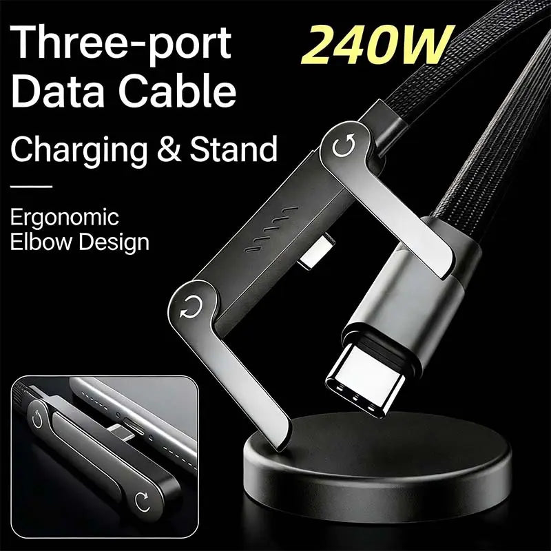 Invisible Holder Charger Cable with Stand - 240W Super Fast Charging 2-in-1 Cable and Phone Stand for Gaming, Office, and Travel - Compatible with Type-C Devices - Black