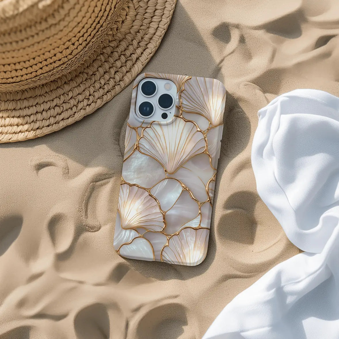 Stained Flat Printing Seashell Phone Case - Faux Mosaic Coastal Design, Shockproof Ultra Slim Protective Cover for iPhone 16/15/14/13/12 Pro Max and Samsung S23/S24/S25/S26
