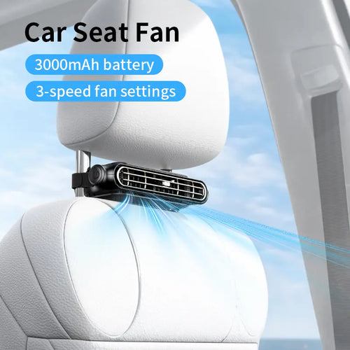 Car Seat Velcro Fan with 3 Adjustable Speeds, 3000mAh Built-In Battery, USB Charging - Ideal for Cars, Golf Carts, and RV Travel