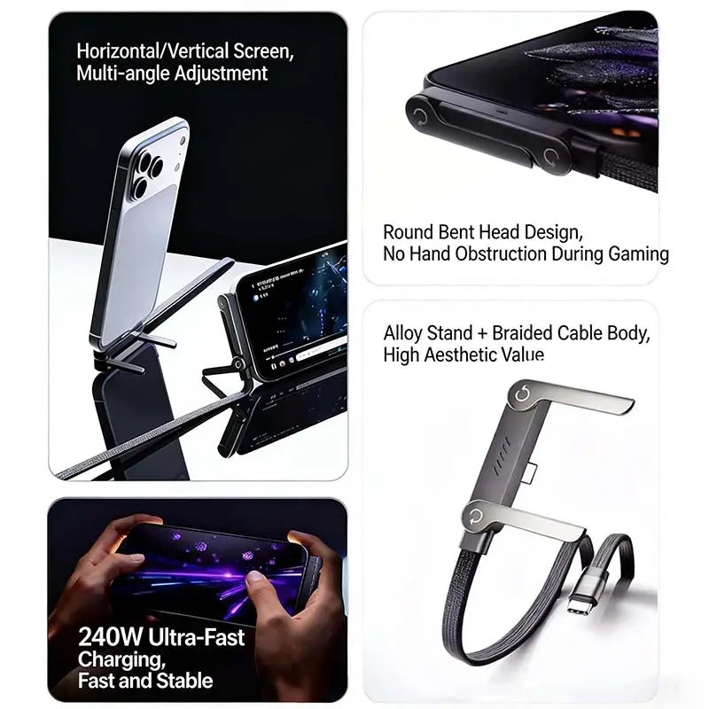 Invisible Holder Charger Cable with Stand - 240W Super Fast Charging 2-in-1 Cable and Phone Stand for Gaming, Office, and Travel - Compatible with Type-C Devices - Black