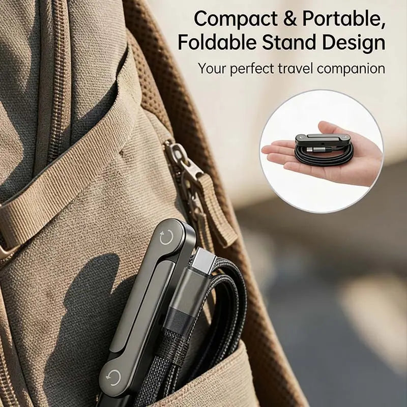 Invisible Holder Charger Cable with Stand - 240W Super Fast Charging 2-in-1 Cable and Phone Stand for Gaming, Office, and Travel - Compatible with Type-C Devices - Black