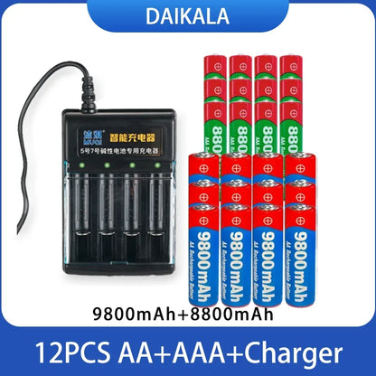 USB Charger + 1.5V AA 9800mAh AAA 8800mAh Alkaline Batteries Kit for Camera Toys MP3 MP4 Player and Devices