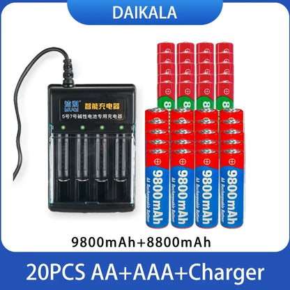 USB Charger + 1.5V AA 9800mAh AAA 8800mAh Alkaline Batteries Kit for Camera Toys MP3 MP4 Player and Devices