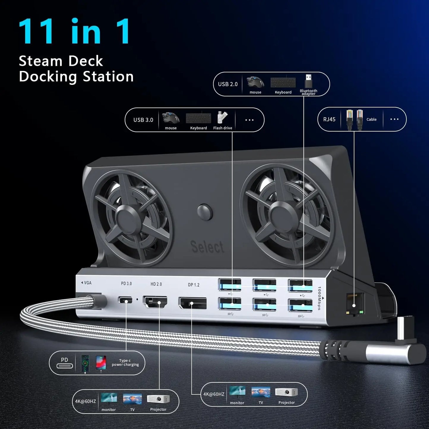 Dual Cooling Fans Multi Monitor 11 in 1 Steam Deck Docking Station with 4K@60 Hz,VGA 1080P 100W PD for Rog Ally/Switch/Legion Go