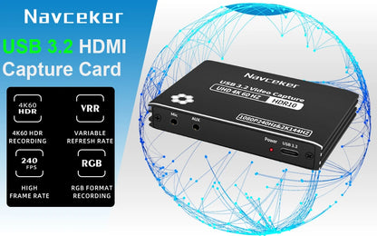 Navceker 4K 60FPS HDMI Video Capture Card USB C 3.2 Grabber Live Streaming 2K 120Fps Game Recording for PS5 Xbox Switch Camera