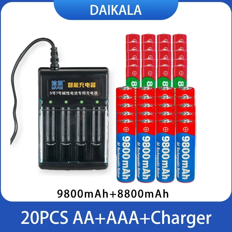 USB Charger + 1.5V AA 9800mAh AAA 8800mAh Alkaline Batteries Kit for Camera Toys MP3 MP4 Player and Devices