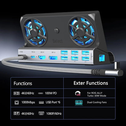 Dual Cooling Fans Multi Monitor 11 in 1 Steam Deck Docking Station with 4K@60 Hz,VGA 1080P 100W PD for Rog Ally/Switch/Legion Go