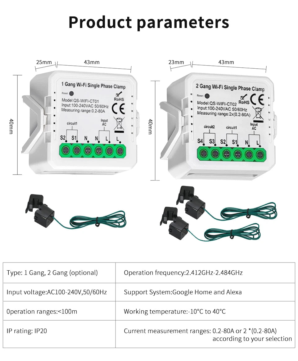Tuya Smart WiFi Energy Meter Current Transformer Clamp Monitor 1CH 2CH 80A Solar PV System Power Production Consumption Monitor