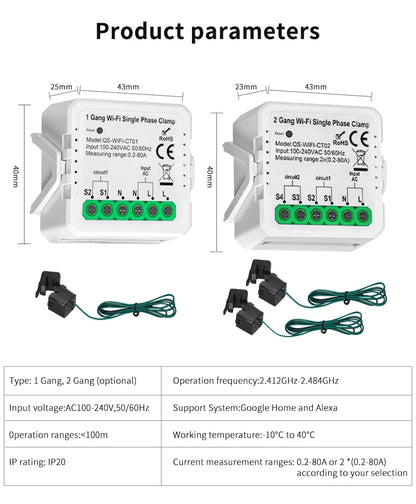 Tuya Smart WiFi Energy Meter Current Transformer Clamp Monitor 1CH 2CH 80A Solar PV System Power Production Consumption Monitor