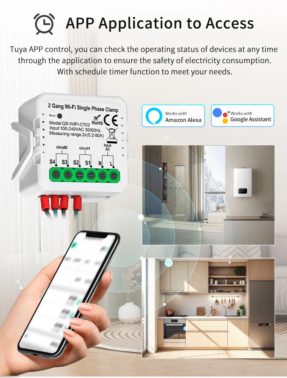 Tuya Smart WiFi Energy Meter Current Transformer Clamp Monitor 1CH 2CH 80A Solar PV System Power Production Consumption Monitor
