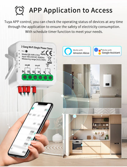 Tuya Smart WiFi Energy Meter Current Transformer Clamp Monitor 1CH 2CH 80A Solar PV System Power Production Consumption Monitor