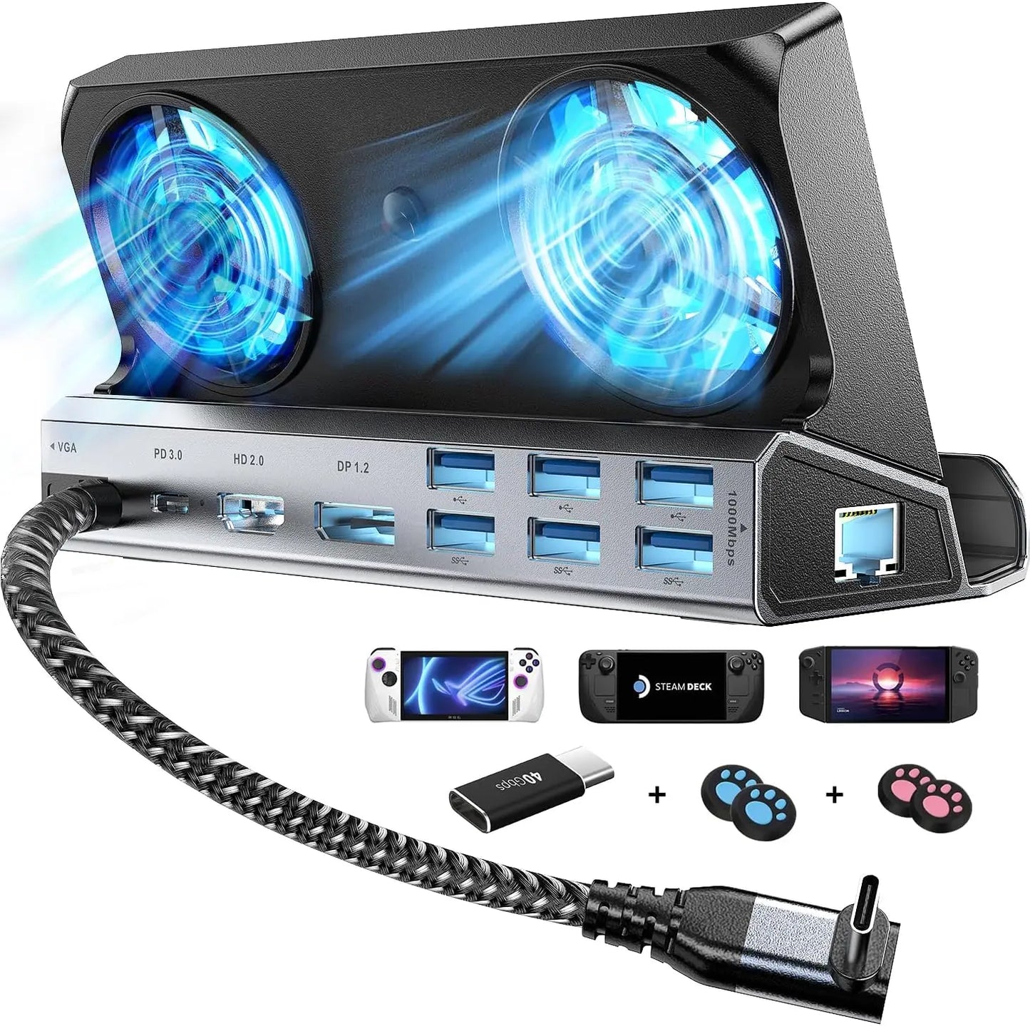 Dual Cooling Fans Multi Monitor 11 in 1 Steam Deck Docking Station with 4K@60 Hz,VGA 1080P 100W PD for Rog Ally/Switch/Legion Go