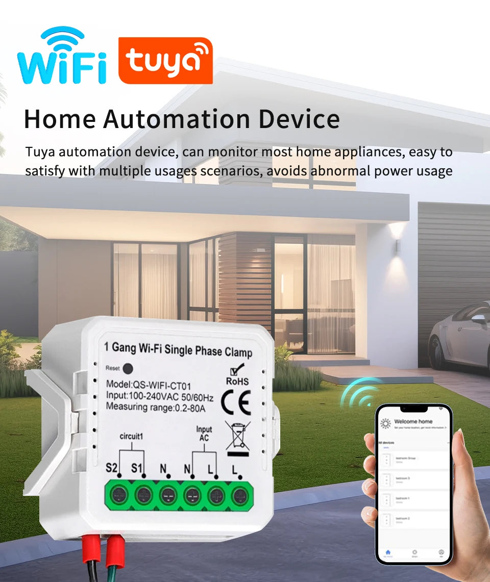 Tuya Smart WiFi Energy Meter Current Transformer Clamp Monitor 1CH 2CH 80A Solar PV System Power Production Consumption Monitor