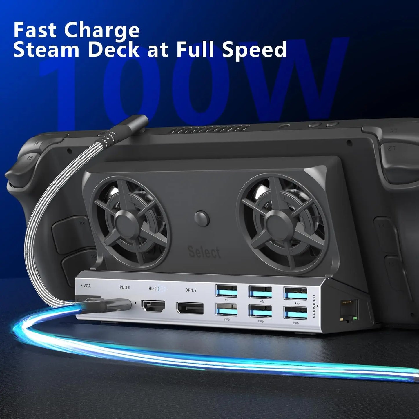 Dual Cooling Fans Multi Monitor 11 in 1 Steam Deck Docking Station with 4K@60 Hz,VGA 1080P 100W PD for Rog Ally/Switch/Legion Go