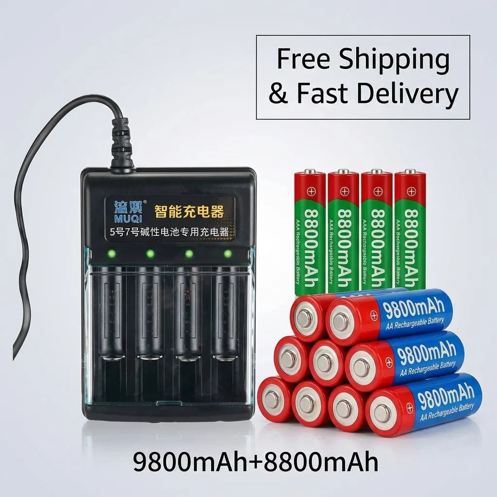 USB Charger + 1.5V AA 9800mAh AAA 8800mAh Alkaline Batteries Kit for Camera Toys MP3 MP4 Player and Devices