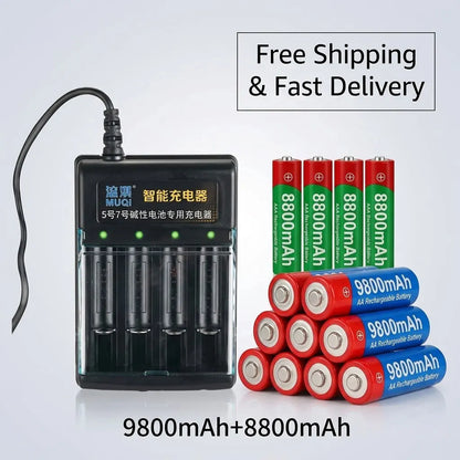 USB Charger + 1.5V AA 9800mAh AAA 8800mAh Alkaline Batteries Kit for Camera Toys MP3 MP4 Player and Devices