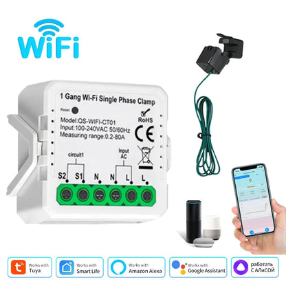 Tuya Smart WiFi Energy Meter Current Transformer Clamp Monitor 1CH 2CH 80A Solar PV System Power Production Consumption Monitor