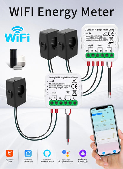 Tuya Smart WiFi Energy Meter Current Transformer Clamp Monitor 1CH 2CH 80A Solar PV System Power Production Consumption Monitor