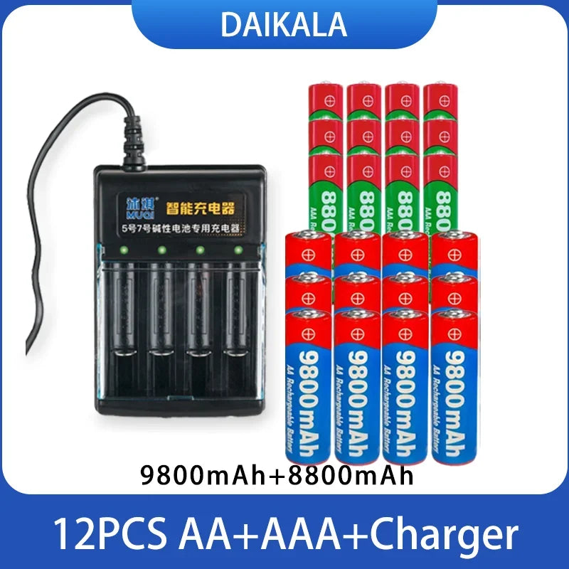 USB Charger + 1.5V AA 9800mAh AAA 8800mAh Alkaline Batteries Kit for Camera Toys MP3 MP4 Player and Devices