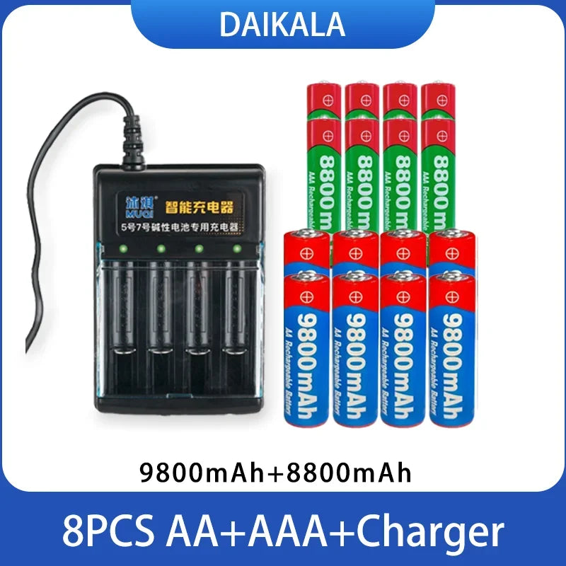 USB Charger + 1.5V AA 9800mAh AAA 8800mAh Alkaline Batteries Kit for Camera Toys MP3 MP4 Player and Devices