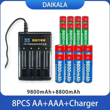 USB Charger + 1.5V AA 9800mAh AAA 8800mAh Alkaline Batteries Kit for Camera Toys MP3 MP4 Player and Devices