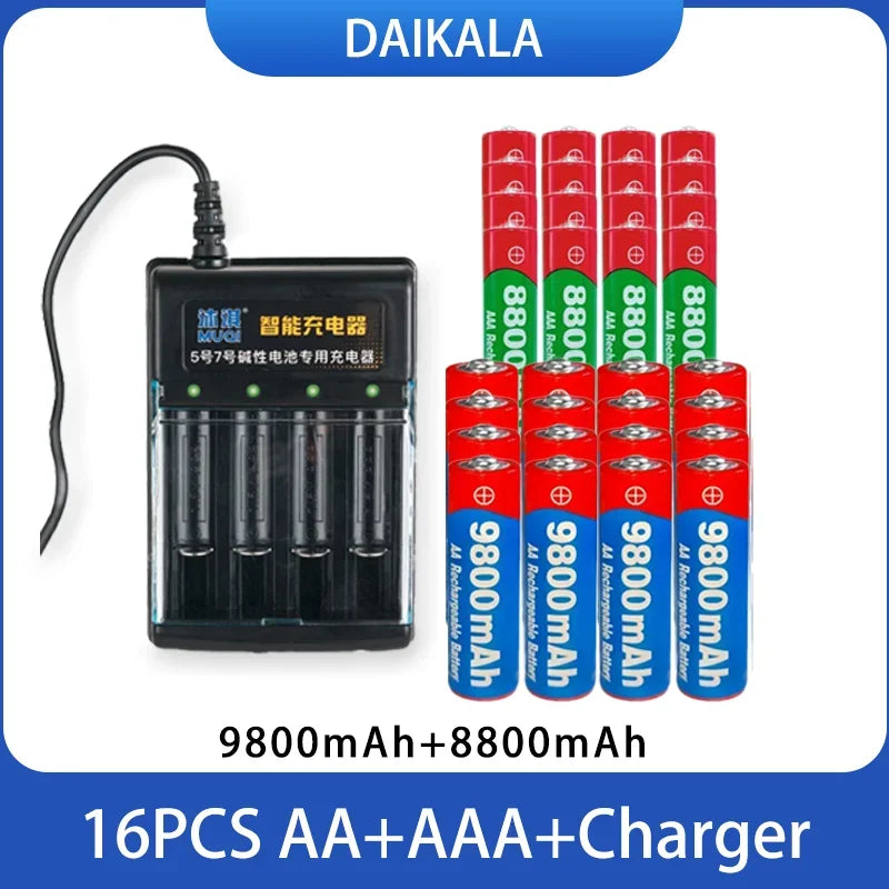 USB Charger + 1.5V AA 9800mAh AAA 8800mAh Alkaline Batteries Kit for Camera Toys MP3 MP4 Player and Devices