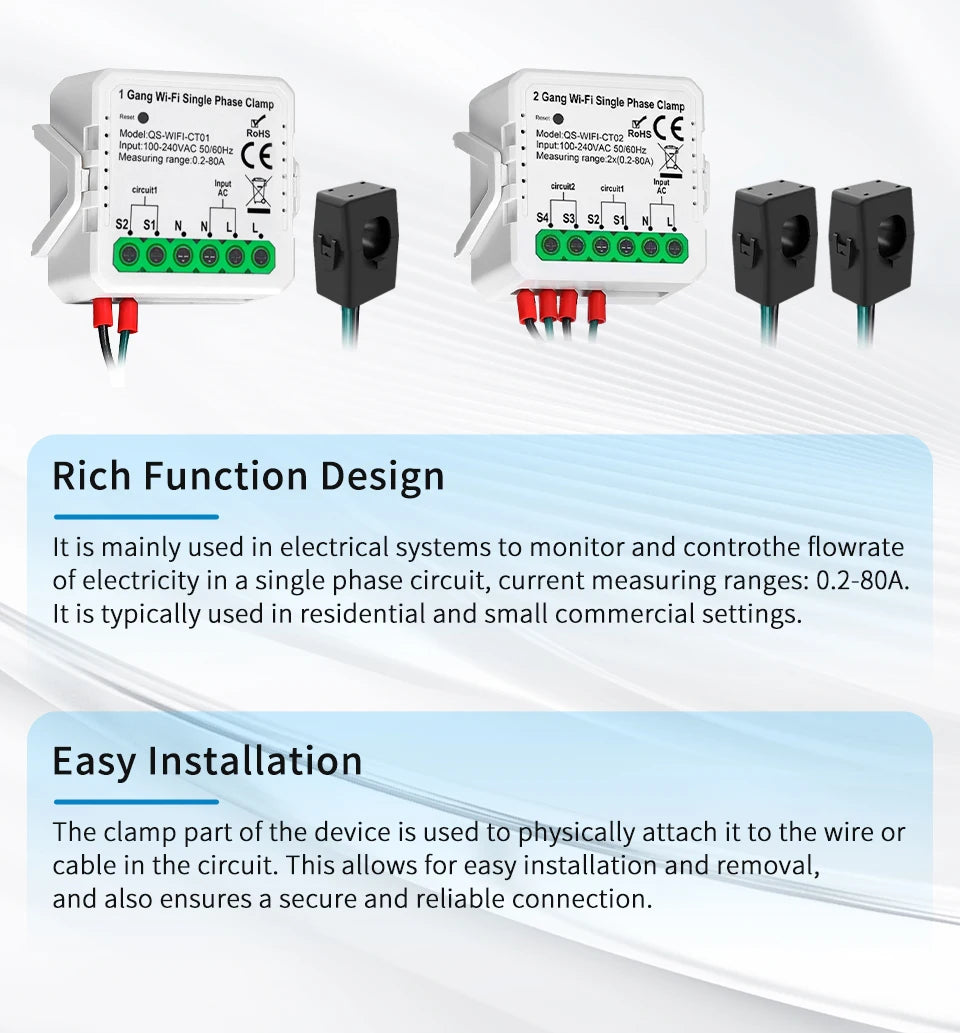 Tuya Smart WiFi Energy Meter Current Transformer Clamp Monitor 1CH 2CH 80A Solar PV System Power Production Consumption Monitor