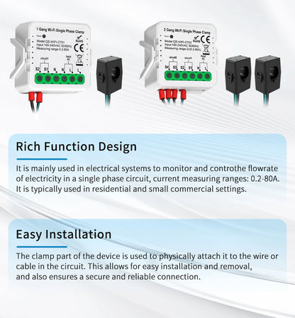 Tuya Smart WiFi Energy Meter Current Transformer Clamp Monitor 1CH 2CH 80A Solar PV System Power Production Consumption Monitor