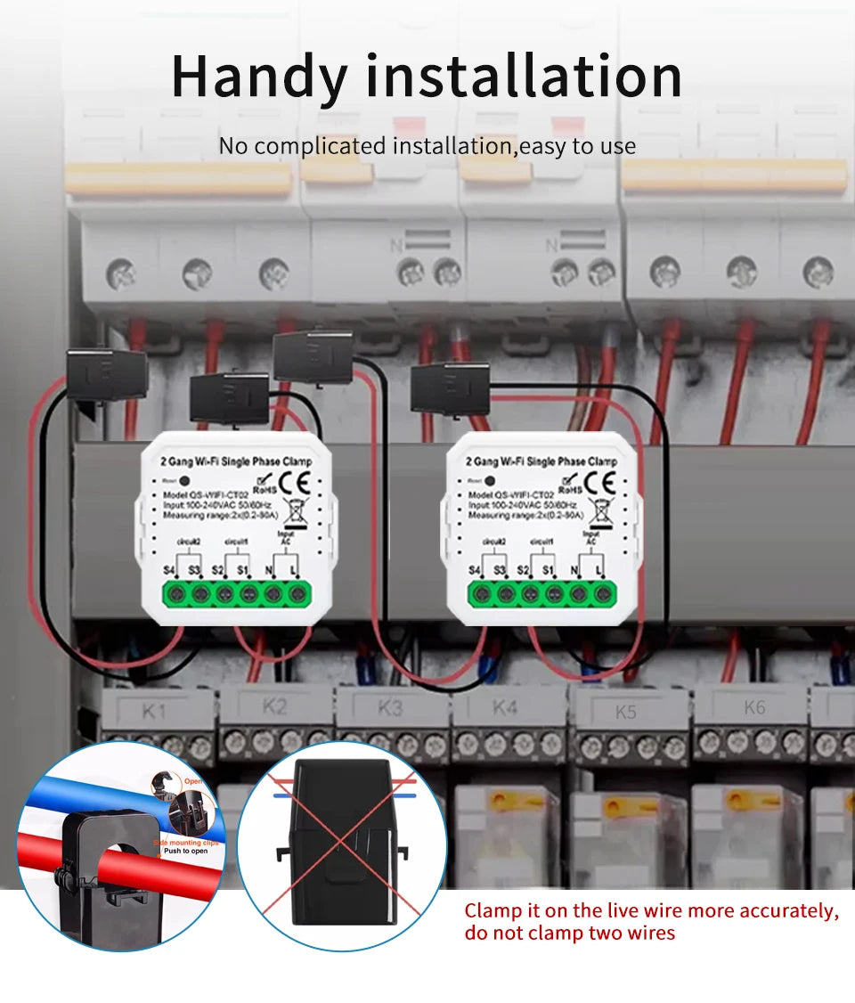 Tuya Smart WiFi Energy Meter Current Transformer Clamp Monitor 1CH 2CH 80A Solar PV System Power Production Consumption Monitor