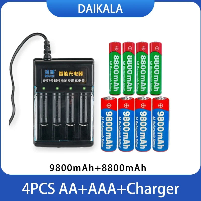 USB Charger + 1.5V AA 9800mAh AAA 8800mAh Alkaline Batteries Kit for Camera Toys MP3 MP4 Player and Devices