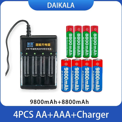 USB Charger + 1.5V AA 9800mAh AAA 8800mAh Alkaline Batteries Kit for Camera Toys MP3 MP4 Player and Devices