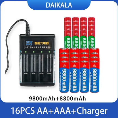 USB Charger + 1.5V AA 9800mAh AAA 8800mAh Alkaline Batteries Kit for Camera Toys MP3 MP4 Player and Devices