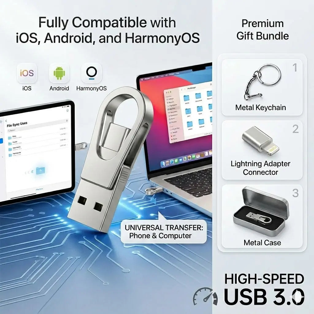 3-in-1 USB Flash Drive with High Capacity and Dual OTG Type-C Interface, Compatible with Android, iOS, and HarmonyOS for Mobile and Computer Use, Ideal for Students and Professionals, Launched in 2026