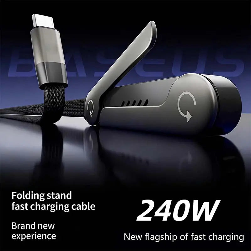 Invisible Holder Charger Cable with Stand - 240W Super Fast Charging 2-in-1 Cable and Phone Stand for Gaming, Office, and Travel - Compatible with Type-C Devices - Black